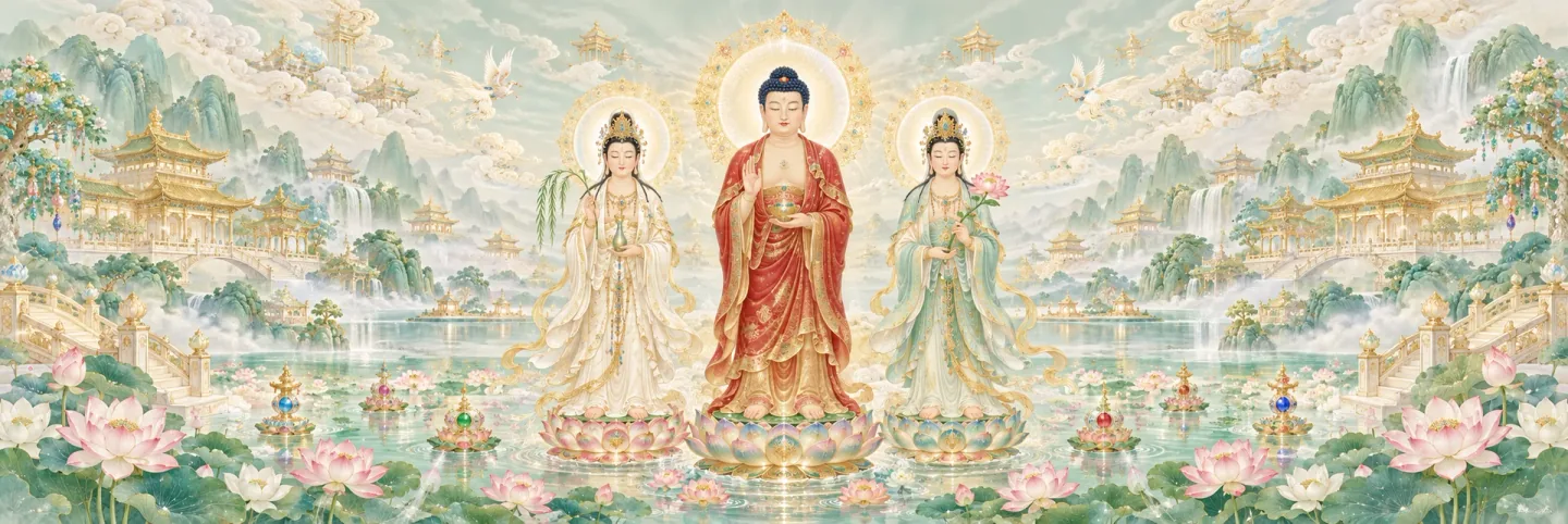 Tranh minh họa Tây Phương Tam Thánh giữa ao sen: A Di Đà Phật ở trung tâm, Quán Thế Âm bên trái và Đại Thế Chí bên phải, bao quanh bởi bảo thụ, cung điện và mây lành.